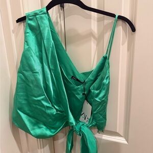 Zara Emerald Satin Tie-Front Blouse